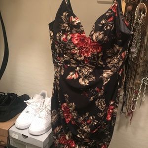 NWOT black and red floral print dress w/ slit